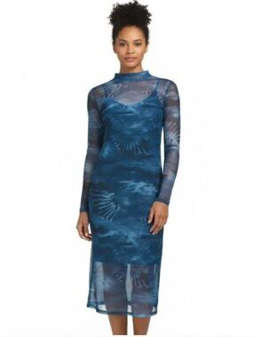 NWT FRYE MAINLINE Mock Neck Blueprint Mesh Midi Dress